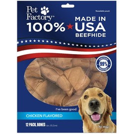 Pet Factory 100% Made in USA Beefhide 6" Knotted Bones Dog Chew Treats - Chicken Flavor, 12 Count/1 Pack