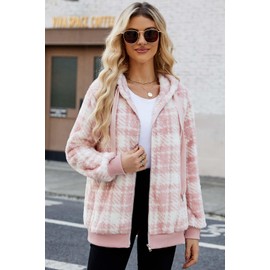 ReachMe Womens Sherpa Fleece Jackets Winter Coats Fuzzy Zip Up Hoodies with Pockets Fluffy Warm Christmas Gifts for Women(1 Plaid Dusty Pink,S)