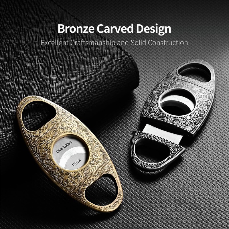 CIGARLOONG Cigar Cutter Bronze Engraved Double Stainless Steel Blade Cigar
