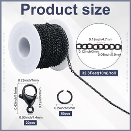 SOFPLATE 10M/32.8 Feet Curb Chain Bulk Jewellery Making Kit Chains with Jump Rings and Clasps Black Iron Unwelded Cuban 3 x 5mm Oval Link Connector for Jewellery Making Necklaces Bracelets DIY Crafts