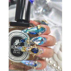 ❣️ Brilliant blue sapphire handmade nail tips ✨ - Short round / ❣️ 영롱한 블루사파이어 수제네일팁 ✨ - 숏라운드