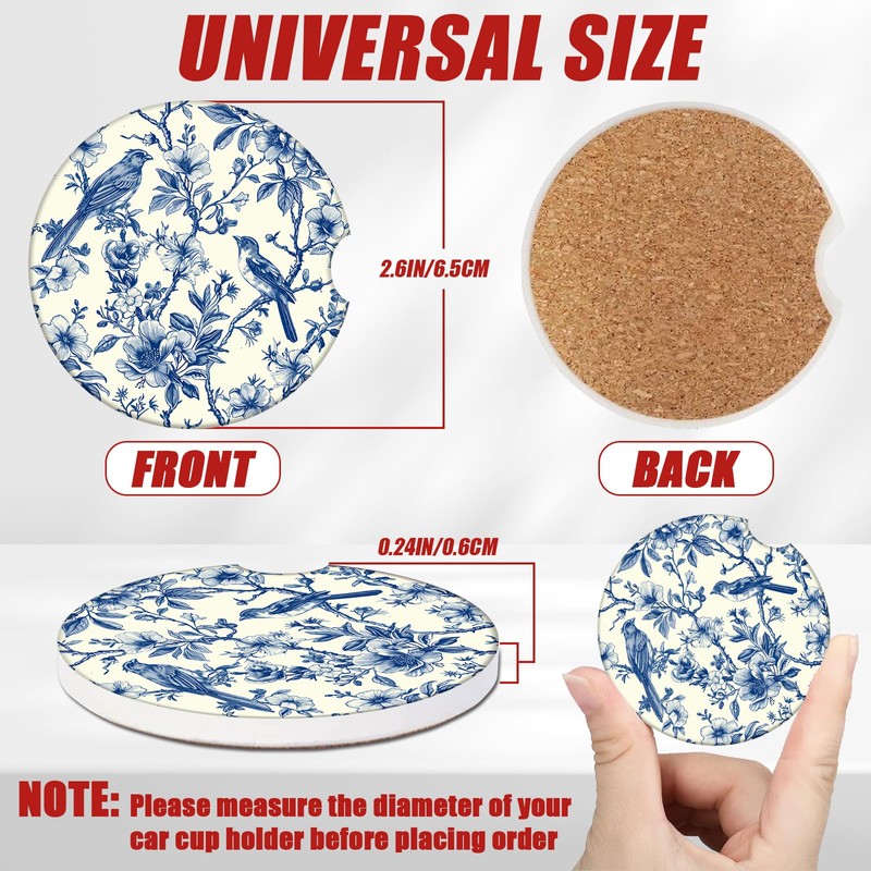 Blue Bird Floral Car Coasters for Cup Holders, Absorbent Ceramic