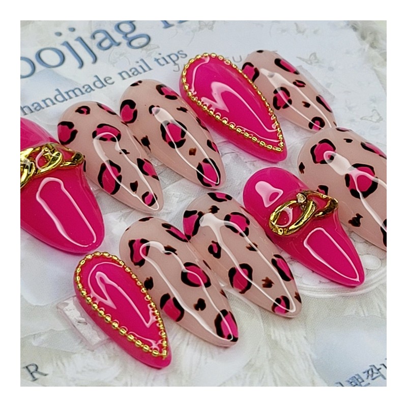 Hot Pink Leopard Handmade Nail Tips - Oval S /