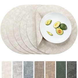 Fyvva Round Placemats Set of 6, Reversible Faux Leather Place Mats Indoor Vinyl Table Mats Washable Wipeable Easy to Clean Heat Resistant Circle Placemats Outdoor Kitchen Dining Waterproof (Beige)