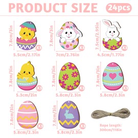 FainFun Easter Egg Pendants, Pack of 24 Easter Reko Wood, Easter Gifts, Easter Reko for Hanging, Suitable for Garden, Living Room, Classroom, Spring Decoration for Hanging, Reverse Easter Egg for