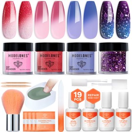 Color Changing Dip Powder Nail Kit Starter, 4 Colors Pink Red Glitter Blue Mood Temperature Change Dip Nail Kit Liquid Set with Base Top Coat Activator for Nail Art DIY Salon Holiday Gift
