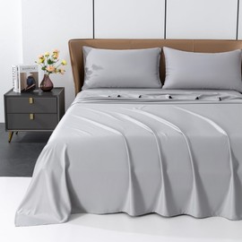 Levoo Cooling Sheets Rayon Derived from Bamboo 18"-24" Extra Deep Pocket King Sheets Cooling Sheets for Hot Sleepers Silky Soft 4Pcs Bed Sheets (King, Light Gray)