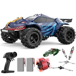 DEERC 9308E - Coches RC rápidos 1:16 para niños de 8 a 12 años RC Monster Truck 40 KPH, todo terreno 4WD dinosaurio de alta velocidad 2 carcasa de coc