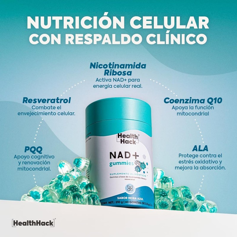 NAD+ Resveratrol Nicotinamida Ribosa 60 Gomitas Sin Azúcar Health Hack
