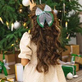 Christmas Hair Bow Clip 5 Inch Mesh Tulle Snowflake Christmas Tree Hairpin Xmas Party Bowknot Hair Accessories for Women Girls, Green