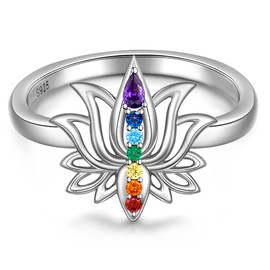 Jewlikee Chakra Rings for Women Lotus Ring Lotus Flower Sterling Silver Yoga Chakras Jewelry Meditation Anxiety Relief Size 9