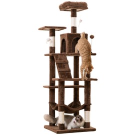 MWPO 63.8 inches Multi-Level Cat Tree for Large Cats with Sisal-Covered Scratching Posts, Padded Platform, Hammock and Condo,Stable Cat Tower Cat Condo Pet Play House (Brown)