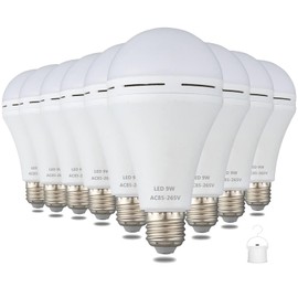 Furoching A19 Rechargeable Emergency LED Bulb, 9W 60W Equivalent Battery Backup Emergency Light with Switch Hook, E26 6000K for Home Power Outage Outdoor Activity Camping Hurricane,9-Pack
