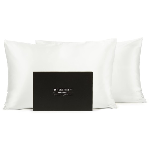 Fishers Finery 30mm 100% Pure Mulberry Silk Pillowcase 2 Pack, Good Housekeeping Quality Tested (White, Queen, 2 Pack)