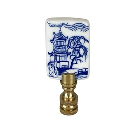 Royal Designs, Inc. Blue & White Porcelain Chinese Garden Design Finial for Lamp Shade, Polished Brass
