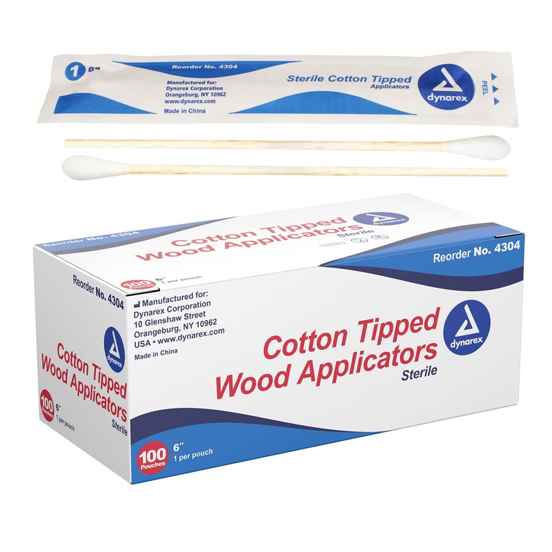 Dynarex 6-Inch Sterile Cotton Tipped Applicators - Single-Use Wooden Cotton