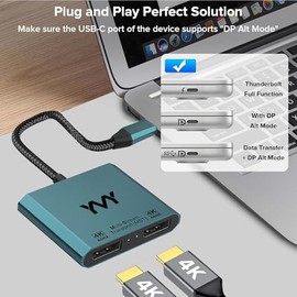 Adaptador USB C a DisplayPort dual, conector de monitor dual YMY 4K 60Hz, divisor de visualización tipo C a DP para 2 monitores compatibles con MacBoo
