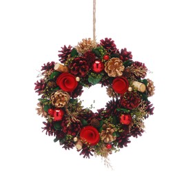 Festive Productions 30cm Green Christmas Wreath – Pinecones, Red Flowers & Baubles – Christmas Decoration, Perfect for Front Doors and Home - Decorative Wreath