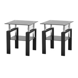 Meihua Glass End Table, Square Glass Side Table, 2-Tier Modern Nightstand with Metal Legs for Living Room&Bedroom (Black Glass + Black Leg, Set of 2)