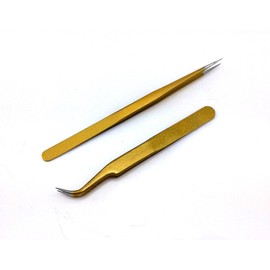 yueton 2pcs Gold Color Coated Stainless Steel Straight and Curved Head Tweezers with Leather Case for Eyelash Extension