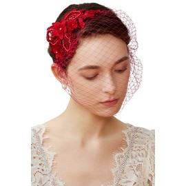 BABEYOND Bridal Wedding Veil Fascinator Mesh Lace Headband Tea Party Flower Fascinator Funeral Hats for Women Wine Red
