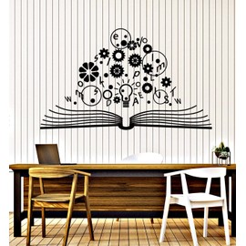 Vinyl Wall Decal School Brain Science Open Book Lamp Gears Physics Stickers Mural Large Decor (g1462) Black