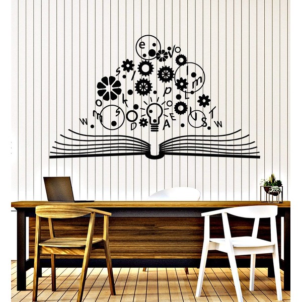 Vinyl Wall Decal School Brain Science Open Book Lamp Gears