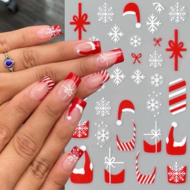 6 Sheets 3D Snowflake Nail Art Stickers Winter Christmas Nail Decals Self Adhesive Red White Glitter Snowflake Candy Gift Box Bow Nail Stickers Xmas Hat French Nail Design Nail Decoration for Women