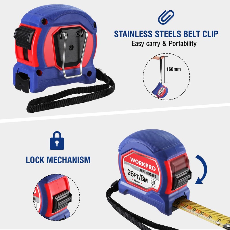 WORKPRO Tape Measure 8M 26FT, Retractable Professional Measuring Tape, Imperial