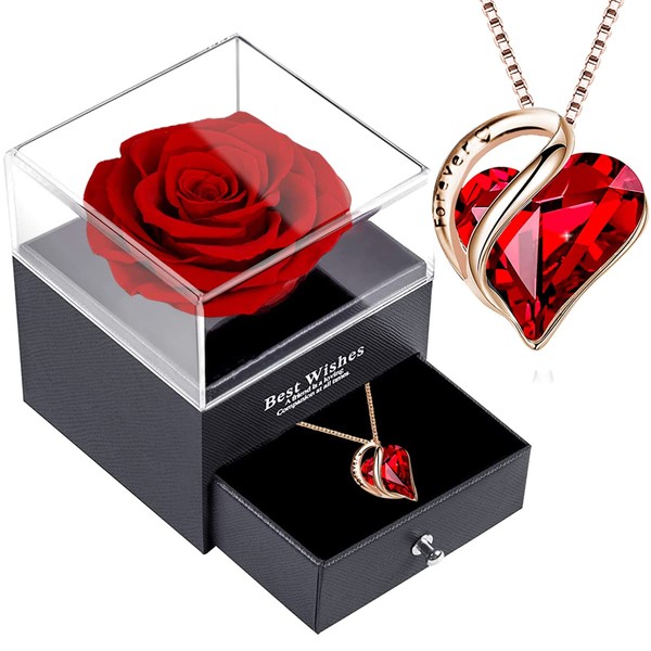 Preserved Real Rose Box with Austrian Crystal Necklace,Eternal Red Rose with 925 Sterling Silver Love Heart Gemstone Pendant,Ruby Birthstone Jewelry,Enchanted Flower Garnet Necklace Gift for Women
