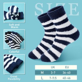 Geyoga 3 Pairs Men Cosy Bed Socks Fluffy Home Socks Elastic Winter Fuzzy Socks Comfy Warm Soft Fleece Socks(Black and White Stripes,L)