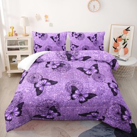 Nttopship Violet Butterfly Comforter Set - Full Size Kids Bedding with 1 Comforter and 2 Pillowcases - Butterfly & Dandelion Pattern All Season