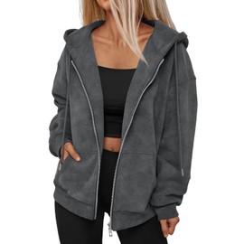 Trendy Queen Zip Up Hoodies for Women Acid Wash Oversized Sweatshirts Fall Cute Y2k Clothes Winter Jackets Vintage Streetwear, Grey, S