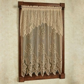 Hallie Lace Window Treatment | Vintage Antique Gold | Cottage Garden Magnolia Flower Lacy Designs with Scalloped Edges | Rod Pocket Drapery | Easy-Style 63L All-In-One Panel with Attached 24L Valance