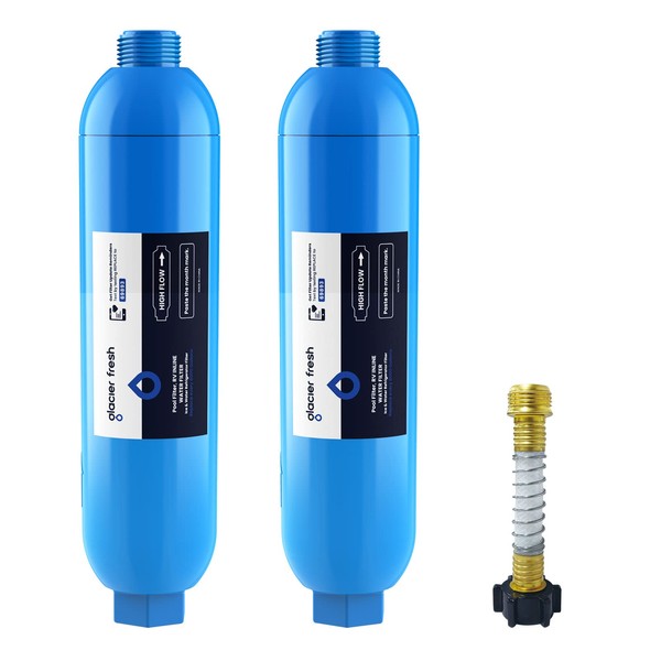 GLACIER FRESH RV/Marine Water Filter with 1 Flexible Hose Protector, Greatly Reduces Bad Taste, Odors, Chlorine and Sediment in Drinking Water, 2 Pack