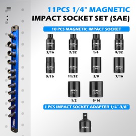 AKM TOOL 1/4 Inch Drive Magnetic Impact Socket Set, 11-Piece SAE, 7/32 Inch-9/16 Inch, 6 Point, Cr-Mo, Square Drive, Magnetic Sockets with Adapter, Rail