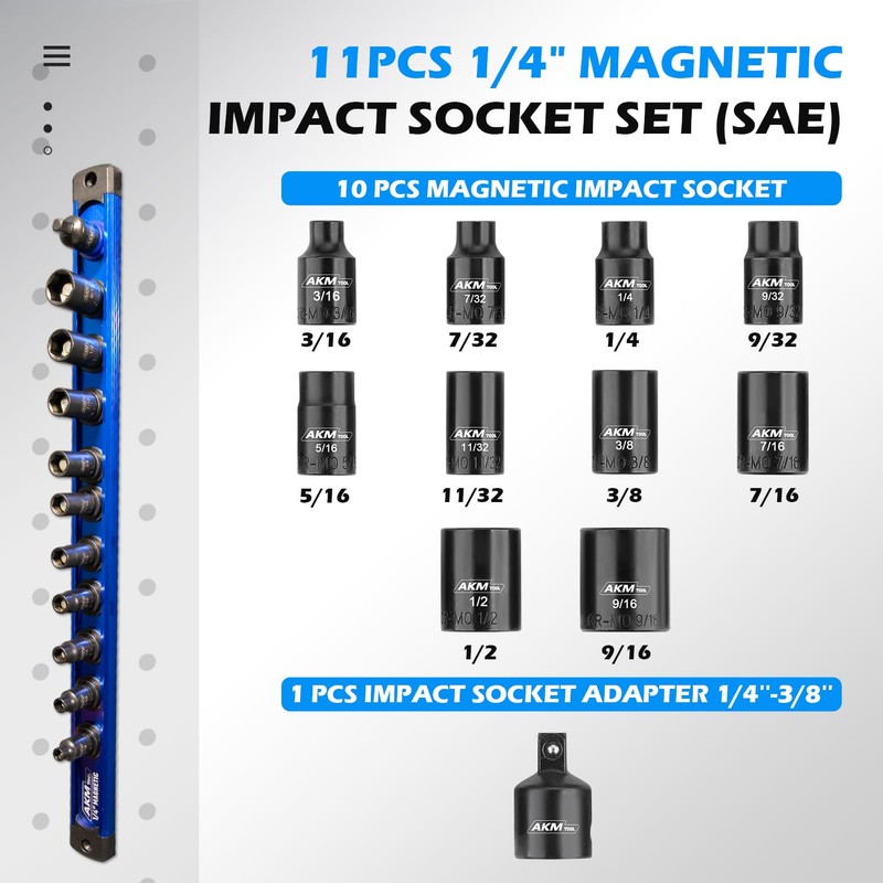 AKM TOOL 1/4 Inch Drive Magnetic Impact Socket Set, 11-Piece