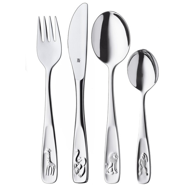 Pignr Animals Children's Cutlery, 4-Piece, from 3 Years, Cromargan Polished Stainless Steel, Dishwasher-Safe in a Gift Box with General Illustration, 4pcs, Silver