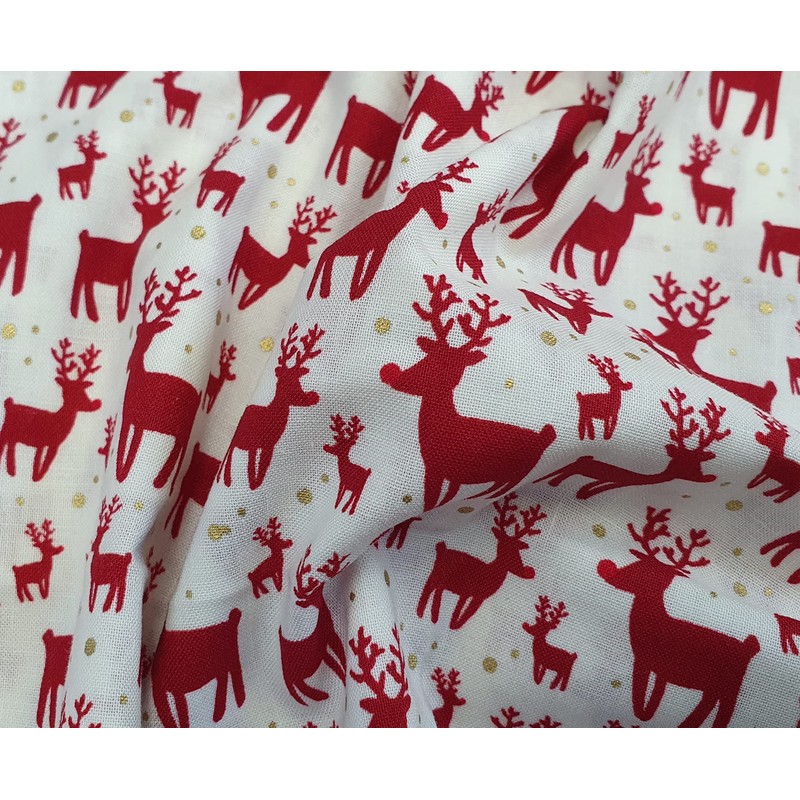 Christmas Fabric - Red Reindeers Stags on Off White -