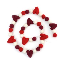 Glaciart One Valentine Felt Ball Garland with Red Hearts - Handmade in Nepal Using New Zealand Wool - Reusable, Durable, Stylish & Versatile - Easy to Hang & Maintain – 8ft, 8 Hearts, 32 Balls