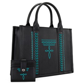 Montana West Longhorn Whipstitch Western Top Handle CC Pocket Tote Bag with Card Wallet Set Satchel Purse Vegan Leather Handbags Crossbody Bag for Women MW1124-H8120SWBK-TQ