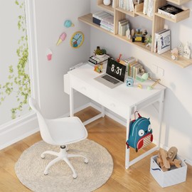 Lufeiya Small White Kids Desk with Drawers for Bedroom, 32 Inch Home Office Desks with Fabric Storage Drawer and Bag, Study Writing Vanity Table for Small Spaces, White