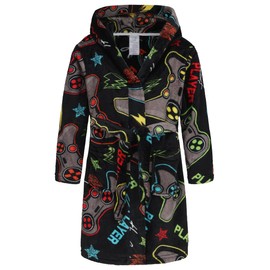 FunnyPaja Boys Soft Fleece Robes Plush Hooded Bathrobes Sleepwear for Kids 1-16 Years Black Cool Game 7-8 Years