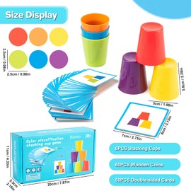 6PCS Stacking Cups Game, Color Sorting Toys with 60PCS Wooden Coins Color Matching Game Montessori Toys for 3 4 5 Years Old Birthday for Boys Girls Kids (50PCS Cards Included)