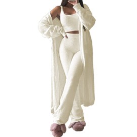 Linsery Ladies Fuzzy 3 Piece Lounge Sets Open Front Cardigan Crop Vest Top Wide Legs Pants Sherpa Outfit White XL