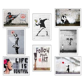 DKORARTE Set of 8 A4 Wall Pictures Decorative Modern Living Room Bedroom Room No Frame Banksy (29.7 x 21 cm)