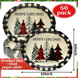 Ziliny 50 Count Christmas Oval Paper Plates Xmas Tree Buffalo Plaid Disposable Platters 10 x 12 Inch Merry Christmas Plates Dinnerware Serving Tray for Holiday Dinner Party Supplies