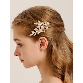 Teyglen Gold Leaf Wedding Hair Clip Floral Flower Pearl Hair Barrette Bridal Pearl Rhinestone Hairpin Decorative Hair Jewelry Accessories for Women Girls