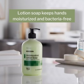 McKesson Antimicrobial Lotion Hand Soap with Aloe, 18 oz Pump Bottle [Pack of 1] - Herbal Scent, Keeps Hands Clean and Moisturized, Medical-Grade Soap