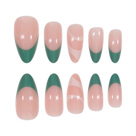 24PCS Press on Nails Medium Almond Fake Nails Green French Nails and White Ripple Acrylic False Nail Design Full Cover Stick on Nails Glue on Nails for Women and Girls DIY
